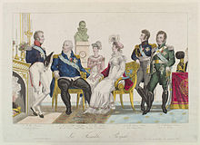 The royal family. From left to right: Charles, Count of Artois, Louis XVIII, Marie Caroline, Duchesse of Berry, Marie Thérèse, Duchesse of Angoulême, Louis Antoine, Duke of Angoulême and Charles Ferdinand, Duke of Berry (Source: Wikimedia)