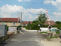 Level crossing with half-barriers, flashing lights, and a bell
