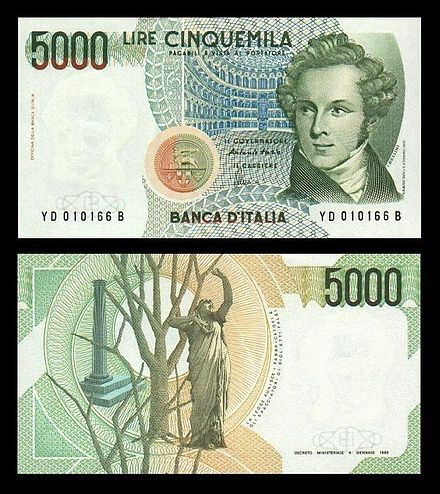 5000 lirów włoskich – na jednej stronie przedstawiony Vincenzo Bellini, z drugiej (poniżej) – ilustracja do Normy