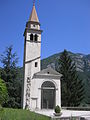 Il campanile della chiesa di Pirago di Longarone oggi.