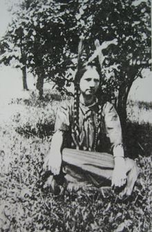 Lucy Ann Lobdell in braids, beads, and feathers, ca. 1853.jpg