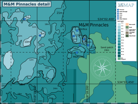 Detail map of the dive site at M&M Pinnacles