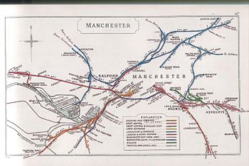 A 1910 Railway Clearing House of central Manchester showing Liverpool Road goods station served by the London & North Western Railway. The 1844 line from Ordsall to Victoria is shown in red. Manchester RJD 47.JPG