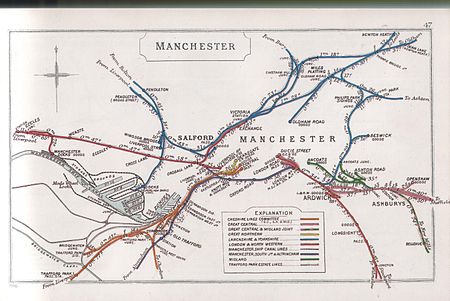 Railway Clearing House 1910 map of central Manchester showing the railway system at that date and the position of Exchange station at the end of the LNWR line from Liverpool via Eccles (marked in red) Manchester RJD 47.JPG