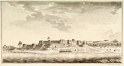 A fort with two-tiered ramparts and many bastions rises above the far bank of a river. Some human settlements are visible nearby.