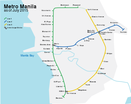 System map of the Manila railway system (current as of July 2015) Manila metro.svg