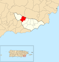 Маунабо муниципалитеті ішіндегі Матуяс Баджоның орналасқан жері қызыл түспен көрсетілген