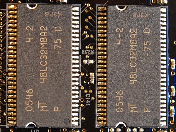 The 64 MB of sound memory on the Sound Blaster X-Fi Fatality Pro sound card is built from two Micron 48LC32M8A2 SDRAM chips. They run at 133 MHz (7.5 