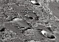 English: Moigno lunar crater as seen from Earth with satellite craters labeled