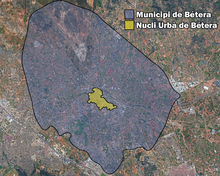 Es mostra un mapa vist des de dalt d'una zona del Camp del Túria. En blau es mostra el Municipi de Bétera. Dinsd'aquesta zona en blau es mostra una zona més petita groga. Aquesta zona es el nucli urbà de Bétera.