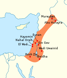 A map of the Levant with Natufian regions across present-day Israel, Palestinian territories, and a long arm extending into Lebanon and Syria