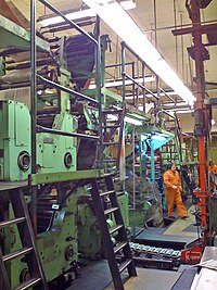 The printing press of the Fairbanks Daily News-Miner is seen in operation. News-Miner press.jpg