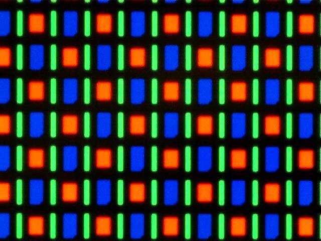 Magnified image of the AMOLED screen on the Nexus One smartphone using the RGBG system of the PenTile matrix family