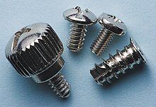 From left to right: a #6-32 UNC thumbscrew, a #6-32 UNC screw, an M3 screw and a self-tapping screw for case fans PC Screws.jpg