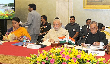 Irani, Prime Minister Narendra Modi and former President Pranab Mukherjee at the Conference of Chairmen of Boards of Governors, and Directors of IITs at Rashtrapati Bhawan on 22 August 2014.