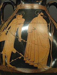 Opettaja ja hänen oppilaansa. Yksityiskohta Kleofrades-maalarin maalaamasta pelikestä, n. 500–490 eaa.