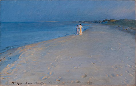 «Летний вечер на южном пляже Скагена. Анна Анкер и Мария Кройер», 38,5 × 60 см, Коллекция Гиршпрунга