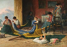 A Patria (The Fatherland) by Pedro Paulo Bruno, a 1919 painting depicting the Brazilian flag being embroidered by a family. Pedro Bruno - A Patria.jpg