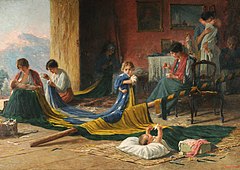 A 1919 painting depicting the Brazilian flag being embroidered by a family.