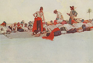 Treasure being divided among pirates in an illustration by Howard Pyle. Pg 154 - So the Treasure was Divided.jpg