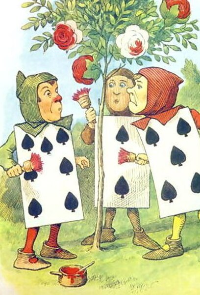 Three cards painting the white rose tree red to cover it up from the Queen of Hearts (Coloured Tenniel illustration)