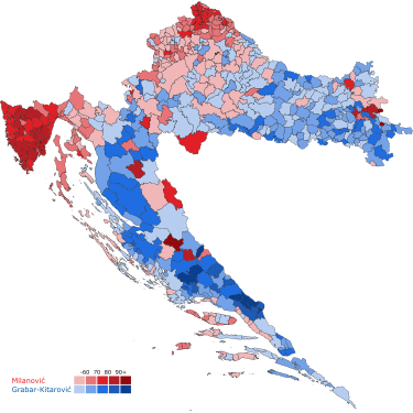 Rezultati drugog kruga po općinama i gradovima, osjenčano prema osvojenim postocima glasova.