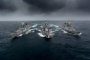 Indian Navy destroyers sailing in unison. Providing Credible Maritime Security by Destroyers of the Indian Navy.jpg