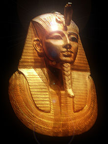 Gold burial mask of Pharaoh Psusennes I, discovered 1940 by Pierre Montet. Psusennes I mask.jpg