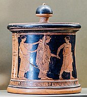 Píxide de figuras rojas: Boda de Peleo y Tetis. Museo del Louvre.