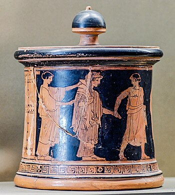 Huwelijk van Thetis en Peleus (Attische roodfigurige pyxis, ca. 470–460 v.Chr., gevonden te Athene, Louvre).