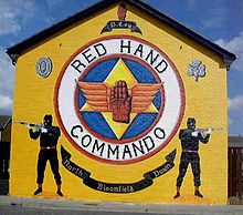 Mural for the Red Hand Commando (UVF) which, uniquely, had an Irish-language motto, Lamh Dearg Abu (Victory to the Red Hand) Red Hand Commando Mural, Bangor.jpg