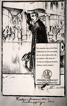 Ad from 1915. Reklambild fran 1915 fran Nordiska Kompaniet. En elegant kladd man star bredvid en bil utanfor NK - Nordiska Museet - NMA.0032225.jpg