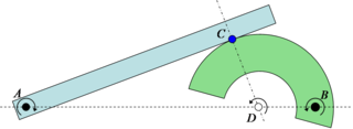 Sketch 4: Example relative center of rotation. Two bodies in contact at C, one rotating about A and the other about B must have a relative center of rotation somewhere along the line AB. Since the parts cannot interpenetrate the relative rotation center must also be along the normal direction to the contact and through C. The only possible solution is if the relative center is at D. RelativeCenterOfRotation.png