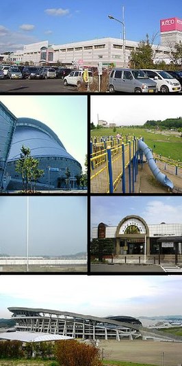 Met de klok mee: Aeon Rifu, Kaseinuma Park, Station Rifu, Miyagistadion, Shinkansen, Miyagi sportcentrum