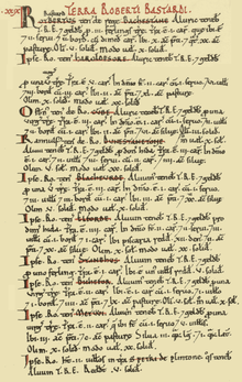 Domesday Book, Chapter 29, listing of "land of Robert Bastard" (Terra Roberti Bastardi) in Devonshire RobertBastard DomesdayBook Holdings.png