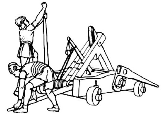Sketch of an onager with a sling, a later improvement that increased the length of the throwing arm, from Antique technology by Diels.