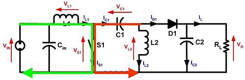 Figure 2: With S1 closed current increases through L1 (green) and C1 discharges increasing current in L2 (red) S1 closed.jpg