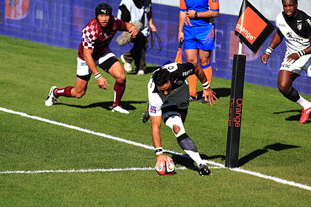 Clément Poitrenaud, grounding the ball in the goal area during a TOP 14 rugby contest match between Stade toulousain and Union Bordeaux-Bègles in Toulouse