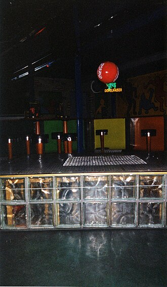 Here a light ball hovers in an air stream generated by a ventilator in the square box. Schwebender Ball La Boom 16011999.jpg