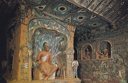 Tập_tin:Sculpture_and_mural_from_cave_254._Pillar_and_north_wall._Northern_Wei._Mogao.jpg