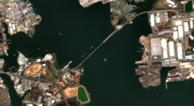 Sentinel 2 satellite image of Baltimore Harbour, captured on Monday 25th March 2024 showing the Francis Scott Key Bridge the day before the collapse.png