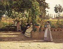 希爾維斯特羅·萊加（英語：Silvestro Lega）的《大棚架（義大利語：Il pergolato）》，75 × 93.5cm，約繪於1868年，1931年始藏[67]