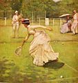 Un mitin de Sir John Lavery.  El bádminton y el tenis eran ocasiones populares para las fiestas, con mujeres jugando "dobles mixtos" junto a jugadores masculinos.