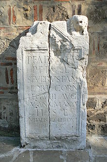 Tombstone of Publius Farfinias Severus from the VIII Augusta from Novae legionary camp (Archaeological Museum of Sofia). He was a soldier and musician of the legion and an Italian from Fanum Fortunae Sofia-Archeological-museum-lapidarium-06.jpg