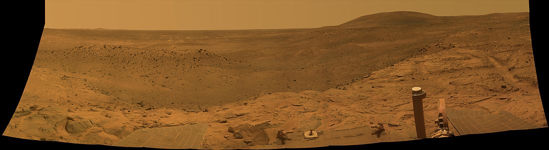 NASA'S Mars Exploration Rover Spirit captured this westward view from atop a low plateau