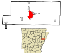 St. Francis County Arkansas Sisällytetyt ja rekisteröimättömät alueet Forrest City Highlighted.svg