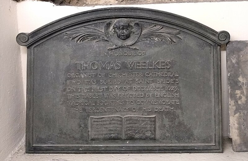 File:St Bride's Church, Thomas Weelkes memorial in crypt.jpg