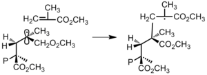Figure 26: Penultimate unit interactions cause monomer to add in a way that minimizes steric hindrance between substituent groups. (P represents polymer chain.) Stereochemistry - steric hindrance.png