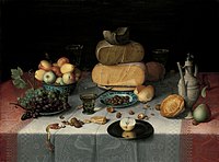 Still Life with Cheese. circa 1615 date QS:P,+1615-00-00T00:00:00Z/9,P1480,Q5727902 . oil on panelmedium QS:P186,Q296955;P186,Q106857709,P518,Q861259. 82.2 × 111.2 cm. Amsterdam, Rijksmuseum Amsterdam.