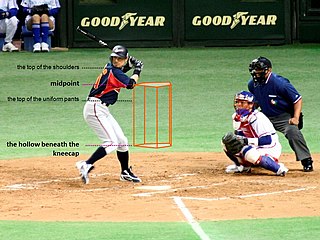 In baseball, the strike zone is the volume of space through which a pitch must pass in order to be called a strike even if the batter does not swing. The strike zone is defined as the volume of space above home plate and between the batter's knees and the midpoint of their torso. Whether a pitch passes through the zone is decided by an umpire, who is generally positioned behind the catcher.